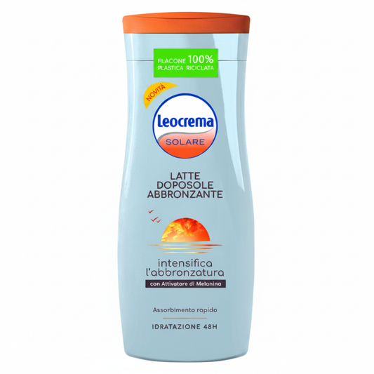 Leocrema Solare Latte Doposole Abbronzante con Attivatore di Melanina Idratazione 48H 200ml su sfondo bianco