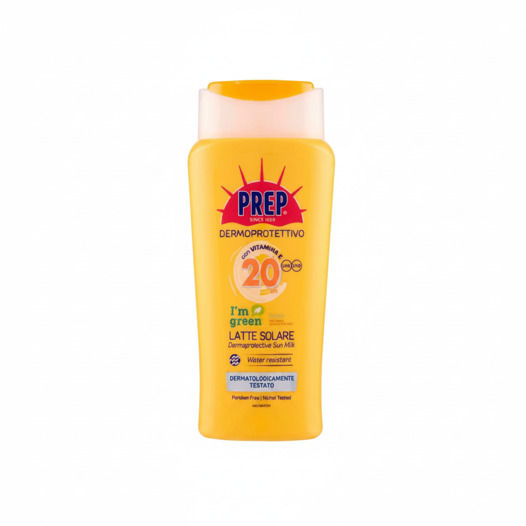 PREP Dermoprotettivo Latte Solare SPF 20 con Vitamina E su sfondo bianco