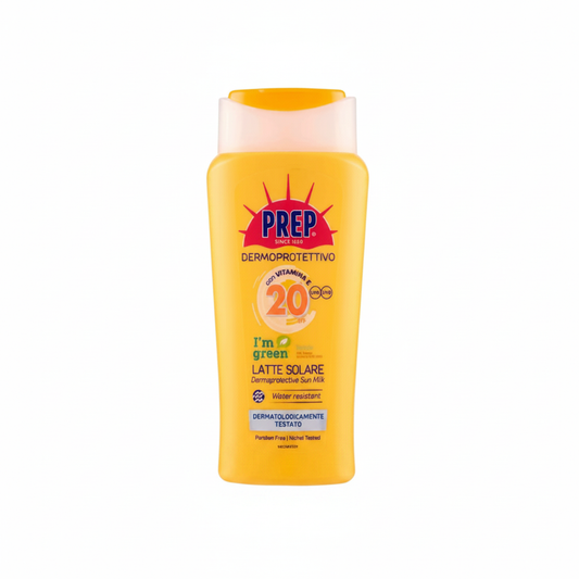 PREP Dermoprotettivo Latte Solare SPF 20 con Vitamina E su sfondo bianco