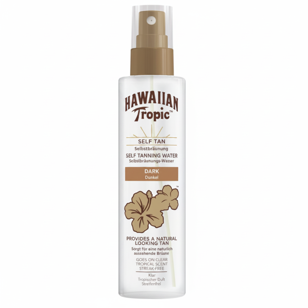 Hawaiian Tropic Self Tanning Water Dark su sfondo bianco