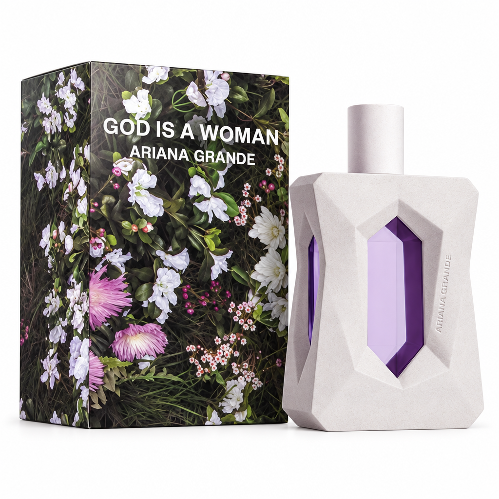 Confezione floreale e flacone con supporto chiaro Ariana Grande God Is A Woman su sfondo bianco
