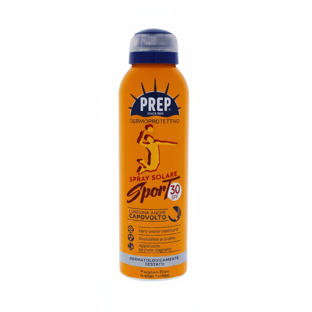 PREP Dermoprotettivo Spray Solare Sport SPF 30 su sfondo bianco