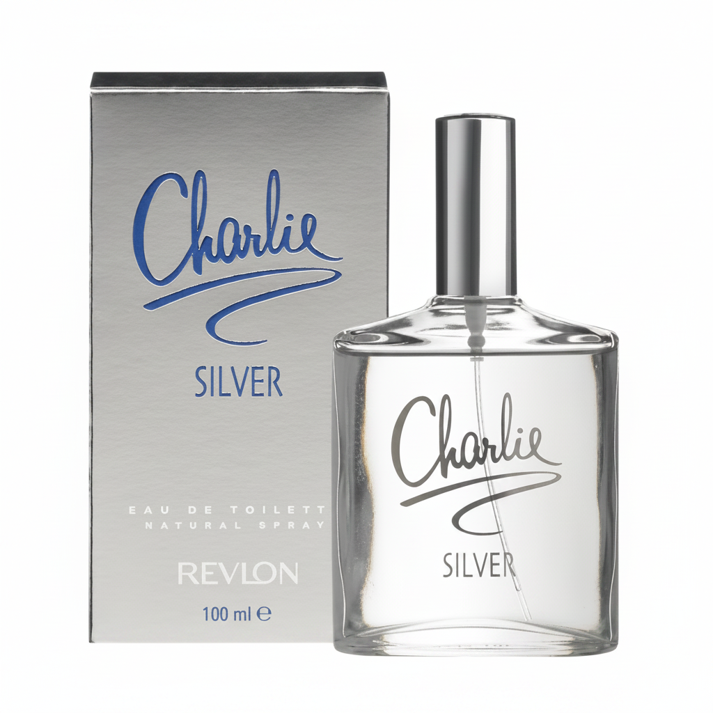 Revlon Charlie Silver Eau de Toilette 100ml - flacone trasparente e confezione argento su sfondo bianco