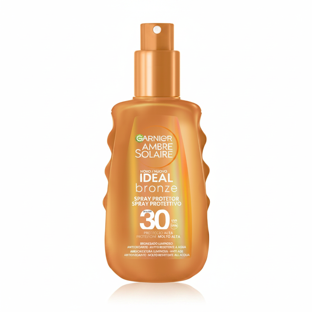 Garnier Ambre Solaire Ideal Bronze Spray SPF 30 su sfondo bianco