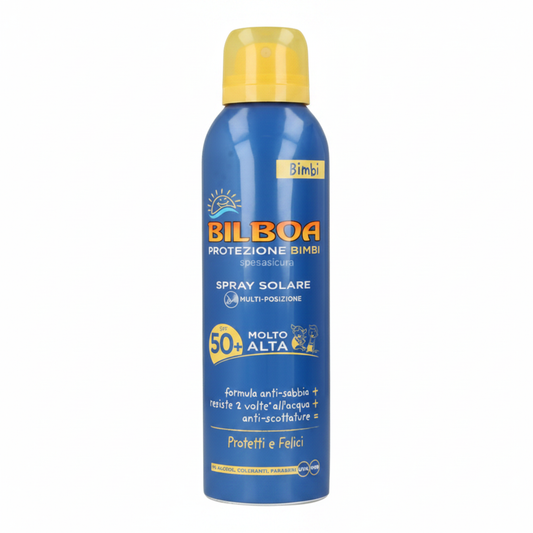Bilboa Protezione Bimbi Spray Solare Multi-Posizione SPF 50+ 150ml su sfondo bianco