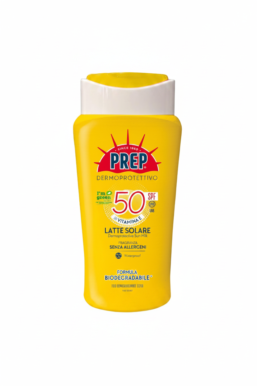 PREP Dermoprotettivo Latte Solare SPF 50 su sfondo bianco
