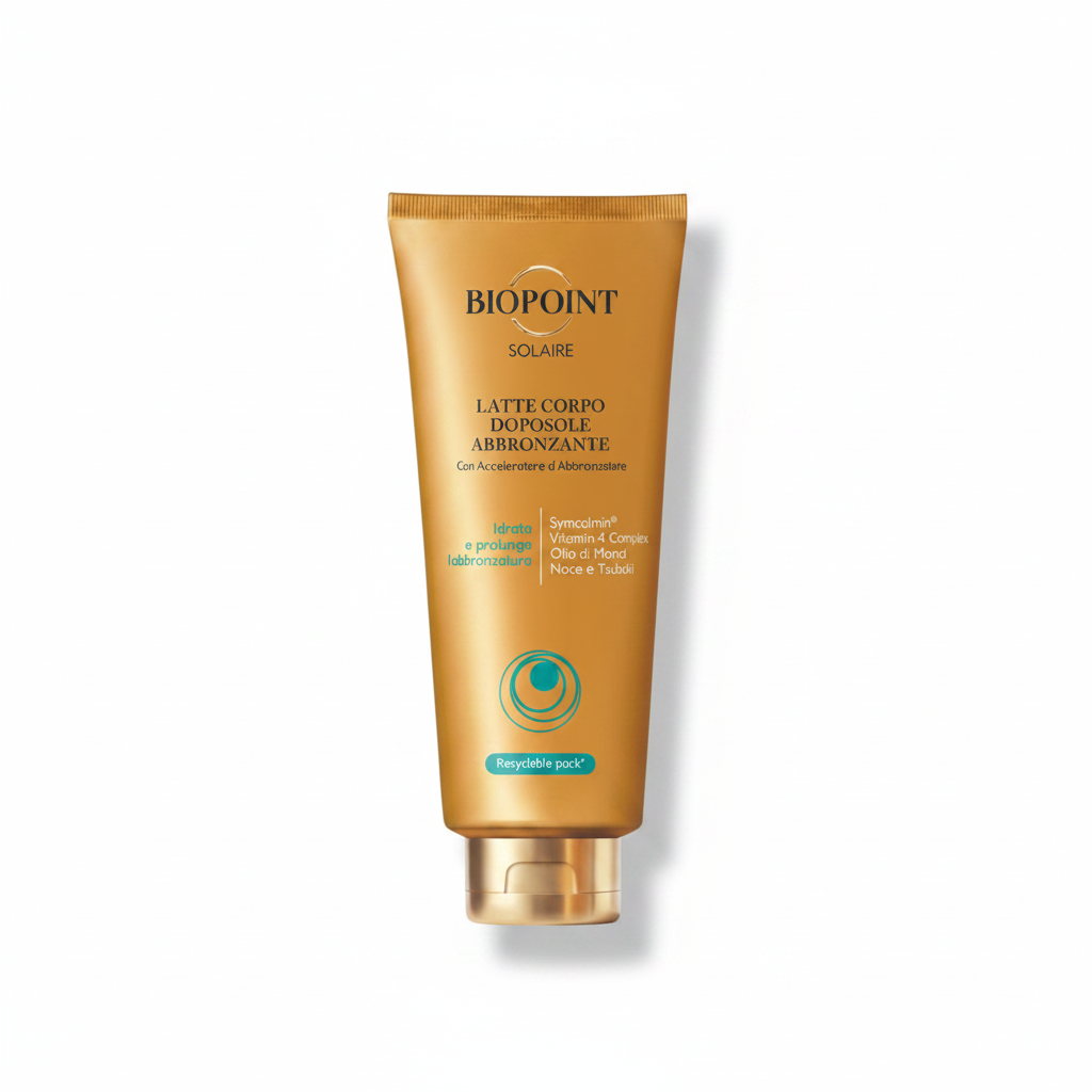 Biopoint Solaire Latte Corpo Doposole Abbronzante – tubetto dorato su sfondo bianco