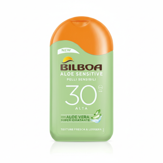 Bilboa Aloe Sensitive SPF 30 Alta su sfondo bianco