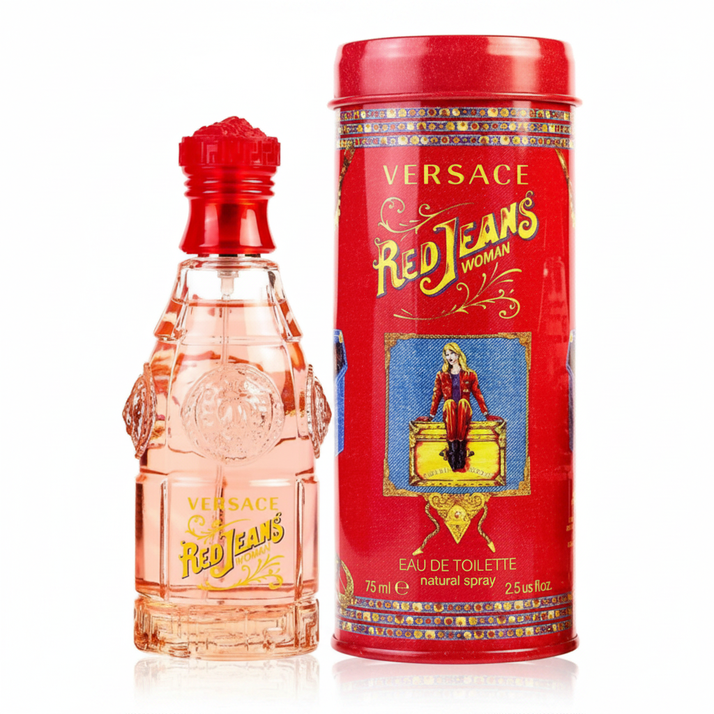 Versace Red Jeans Woman Eau de Toilette 75ml - flacone rosso e lattina su sfondo bianco