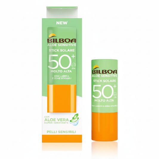 Bilboa Aloe Sensitive Stick Solare SPF 50+ su sfondo bianco