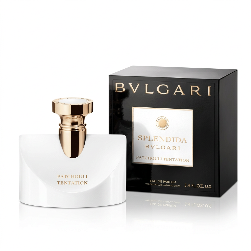 Bvlgari Splendida Patchouli Tentation Eau de Parfum, flacone e confezione su sfondo bianco