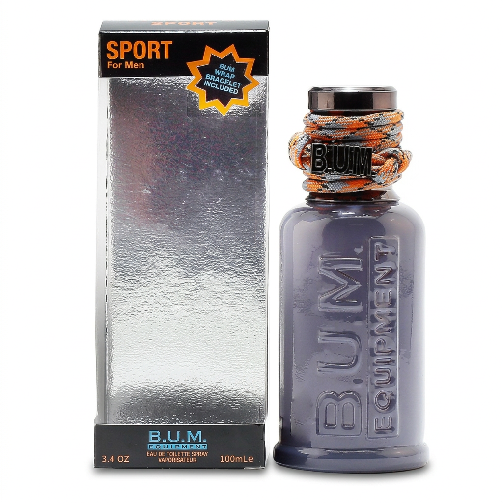 B.U.M. Equipment Sport For Men Eau de Toilette, flacone e confezione su sfondo bianco