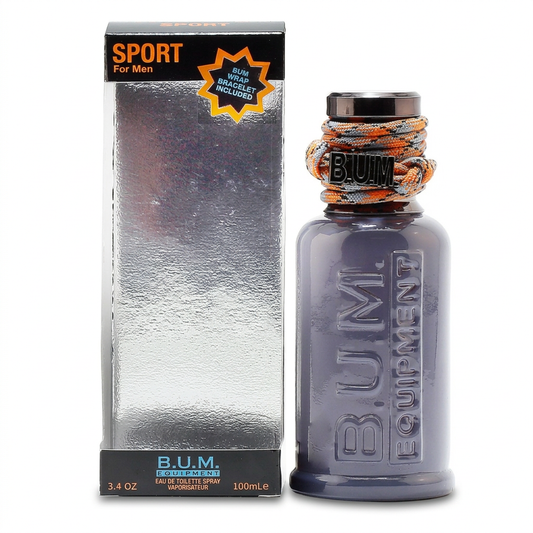 B.U.M. Equipment Sport For Men Eau de Toilette, flacone e confezione su sfondo bianco