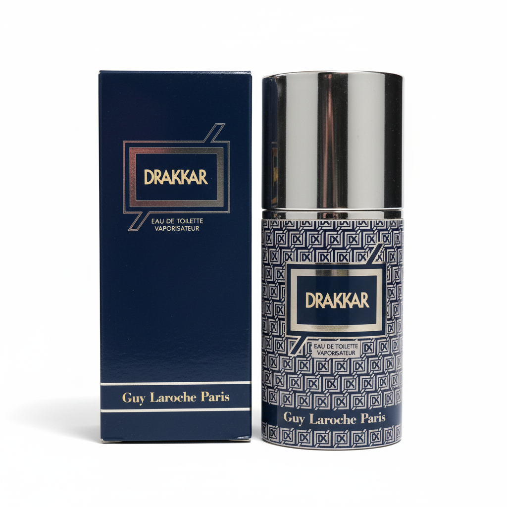 Guy Laroche Drakkar EDT Vaporisateur 50ml – flacone cilindrico monogramma blu argento con tappo cromato e scatola blu