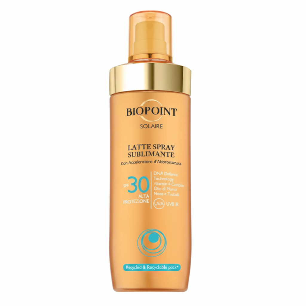 Biopoint Solaire Latte Spray Sublimante SPF 30 su sfondo bianco