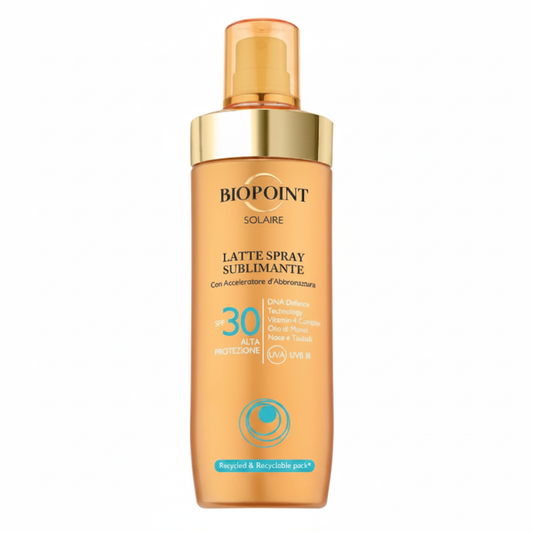 Biopoint Solaire Latte Spray Sublimante SPF 30 su sfondo bianco