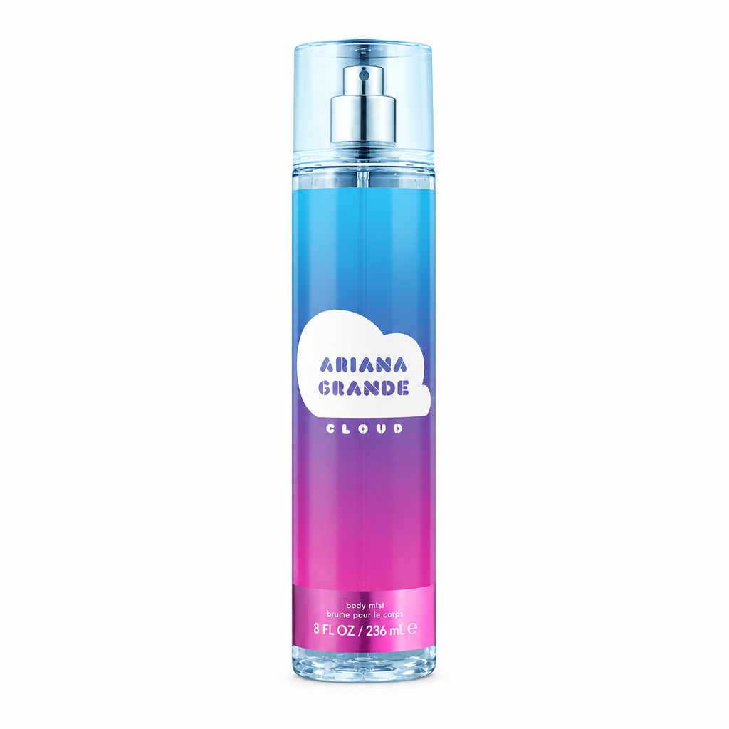 Flacone sfumato azzurro e rosa Ariana Grande Cloud Body Mist 236 ml su sfondo bianco