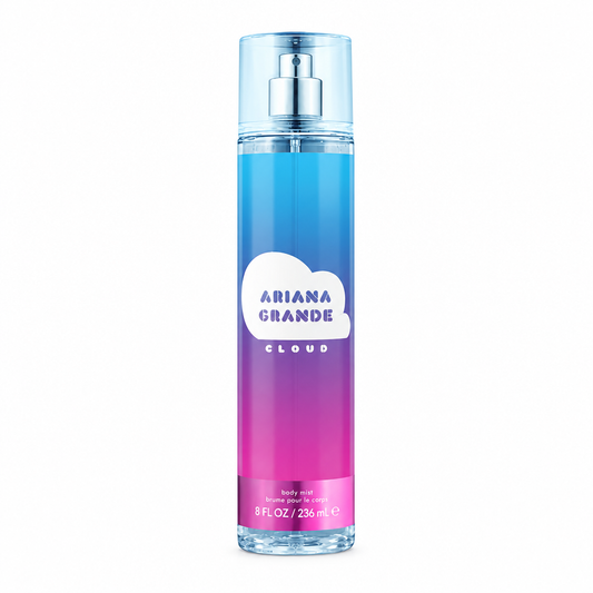 Flacone sfumato azzurro e rosa Ariana Grande Cloud Body Mist 236 ml su sfondo bianco