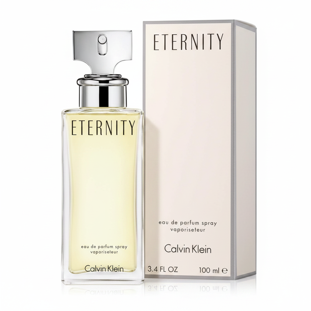 Calvin Klein Eternity Eau de Parfum 100ml - flacone e confezione su sfondo bianco