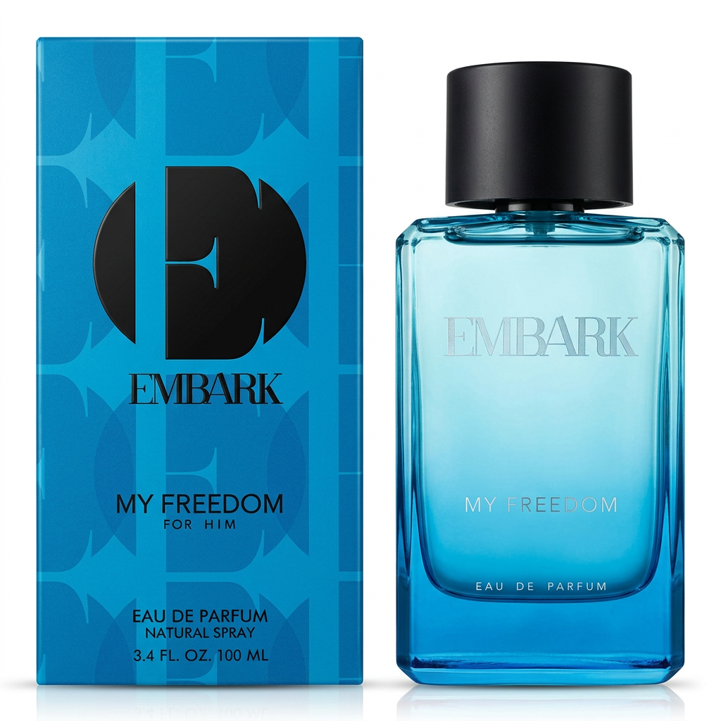 Embark My Freedom For Him Eau de Parfum 100 ml, flacone azzurro con tappo nero e confezione blu su sfondo bianco
