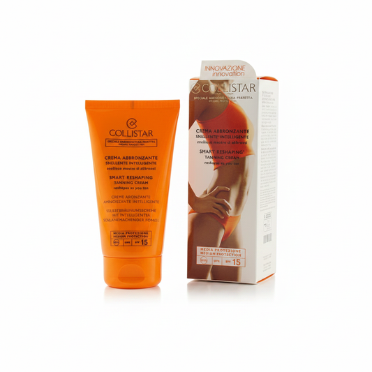 Collistar Crema Abbronzante Snellente Intelligente SPF 15 Smart Reshaping con tubo e confezione su sfondo bianco