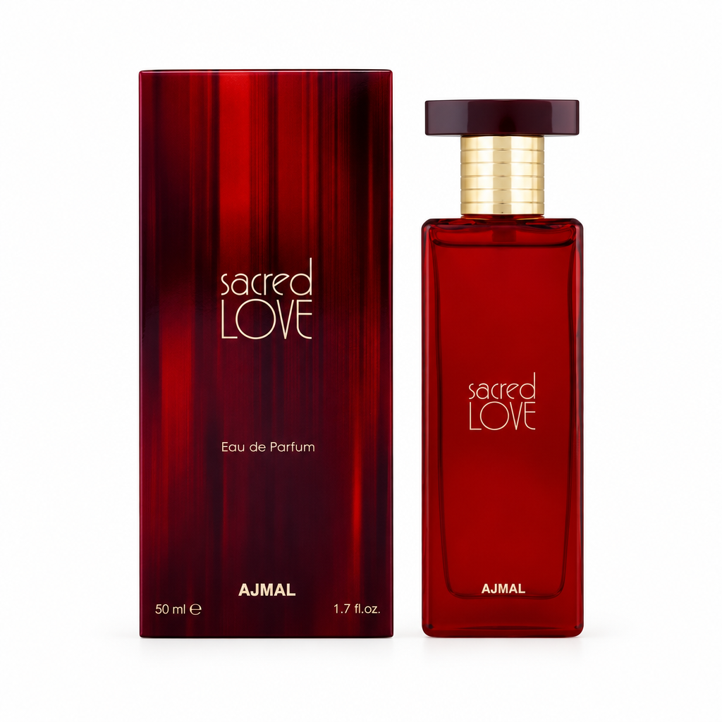 Confezione rossa e flacone rosso Ajmal Sacred Love Eau de Parfum 50 ml su sfondo bianco