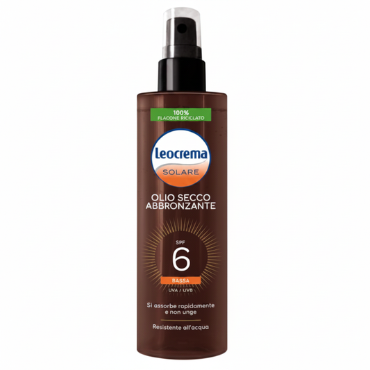 Leocrema Solare Olio Secco Abbronzante SPF 6 su sfondo bianco