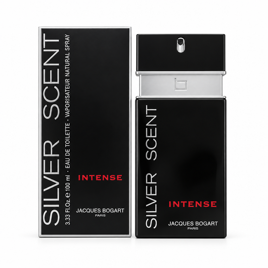Confezione e flacone Jacques Bogart Silver Scent Intense Eau de Toilette 100 ml su sfondo bianco