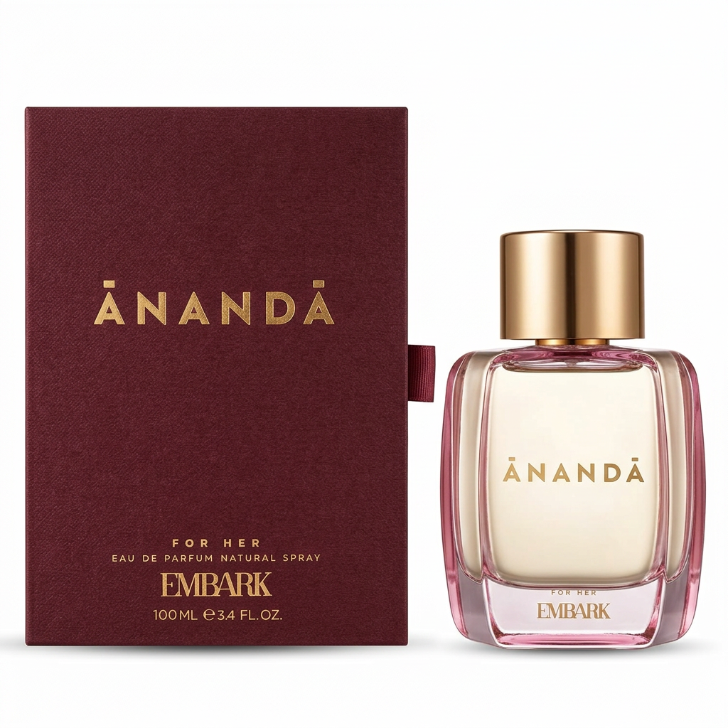 Embark Ananda For Her Eau de Parfum 100 ml, flacone con tappo dorato e confezione bordeaux su sfondo bianco