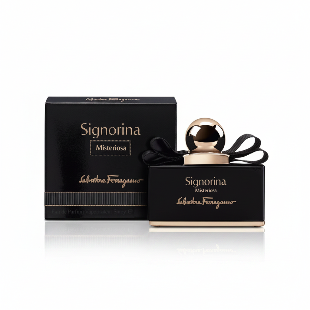 Salvatore Ferragamo Signorina Misteriosa Eau de Parfum - flacone nero con tappo dorato e confezione nera su sfondo bianco