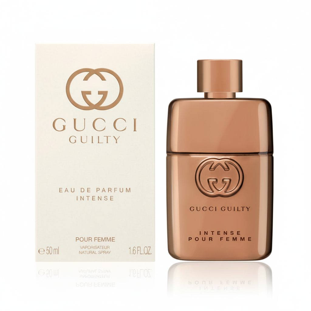 Gucci Guilty Intense EDP Pour Femme 50ml - Flacone oro rosa con GG logo e confezione bianca