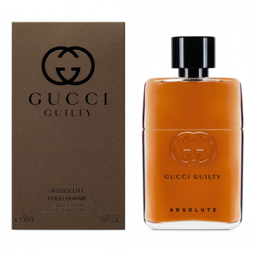 Gucci Guilty Absolute Pour Homme EDP 50ml - Flacone ambra con GG logo e confezione marrone
