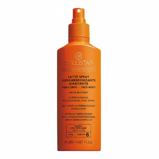 Collistar Latte Spray Superabbronzante Idratante Viso-Corpo SPF 6 Bassa Protezione 200ml su sfondo bianco