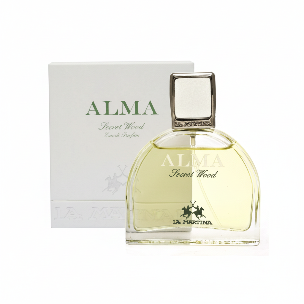 La Martina Alma Secret Wood EDP 60ml – flacone a cupola verde pallido con tappo argentato e confezione bianca minimalista