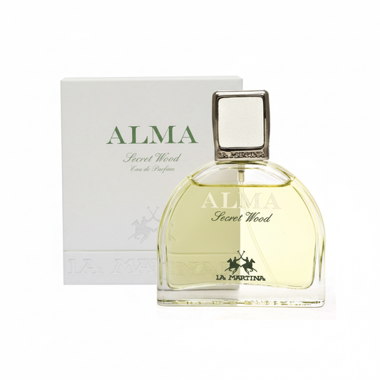 La Martina Alma Secret Wood EDP 60ml – flacone a cupola verde pallido con tappo argentato e confezione bianca minimalista