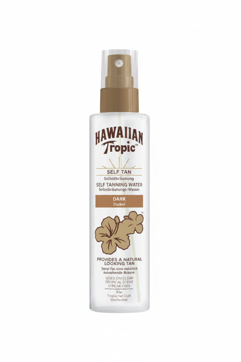 Hawaiian Tropic Self Tanning Water Dark spray su sfondo bianco