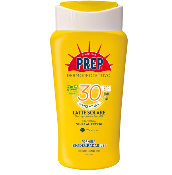 PREP Dermoprotettivo Latte Solare SPF 30 con Vitamina E - WaterProof Solari Protezione Corpo 200ml
