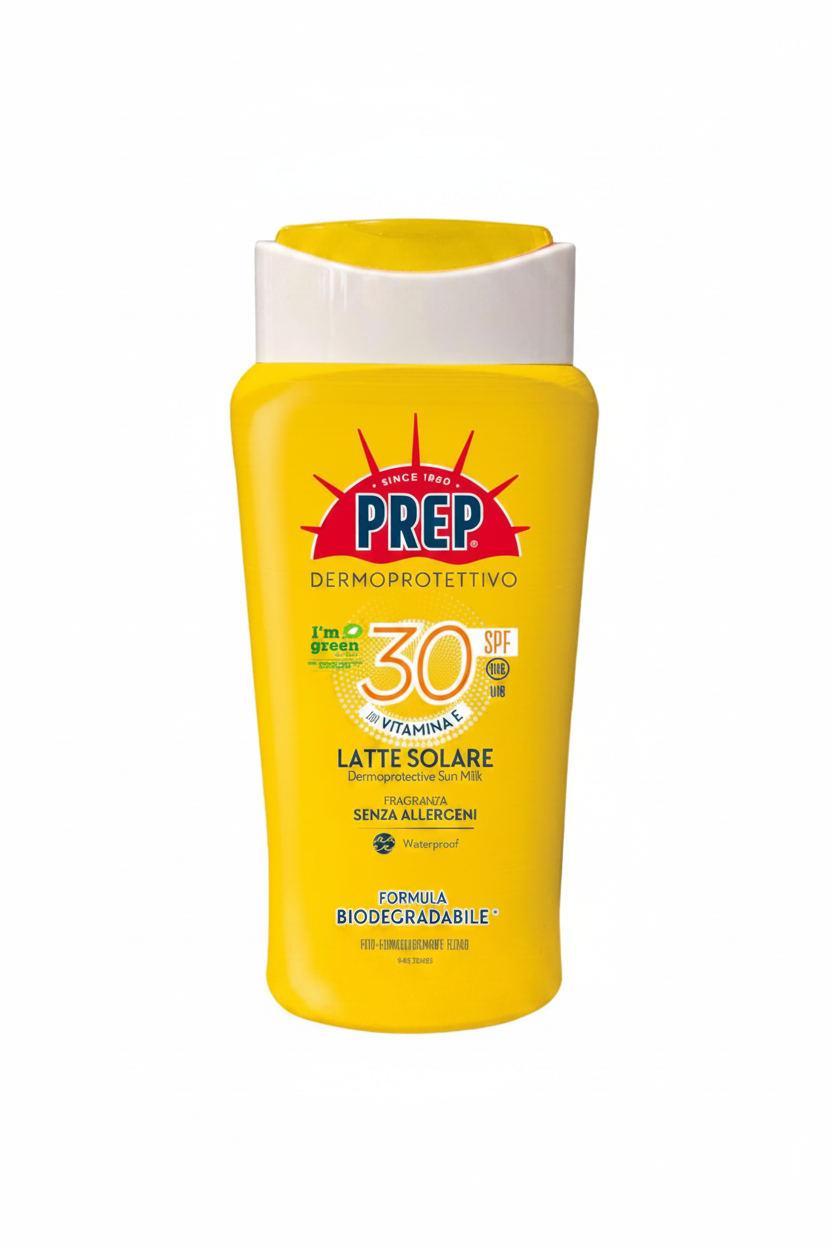 PREP Dermoprotettivo Latte Solare SPF 30 su sfondo bianco