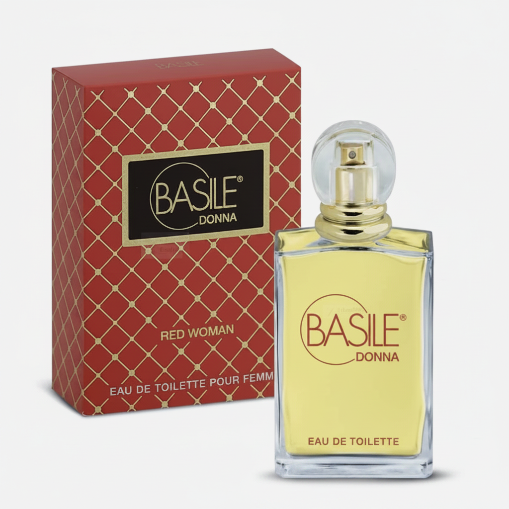 Basile Donna Red Woman EDT – flacone trasparente con scatola rossa e oro su sfondo bianco