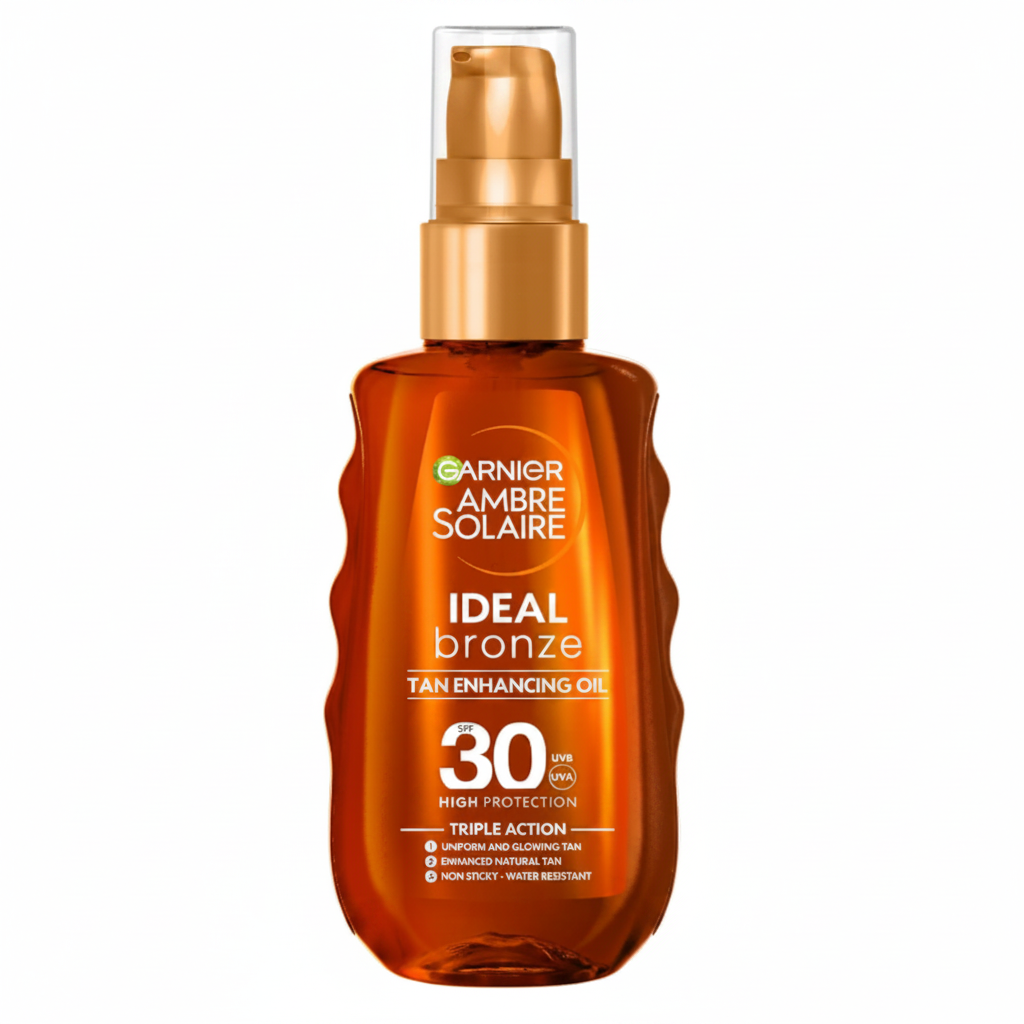 Garnier Ambre Solaire Ideal Bronze Tan Enhancing Oil SPF 30 su sfondo bianco