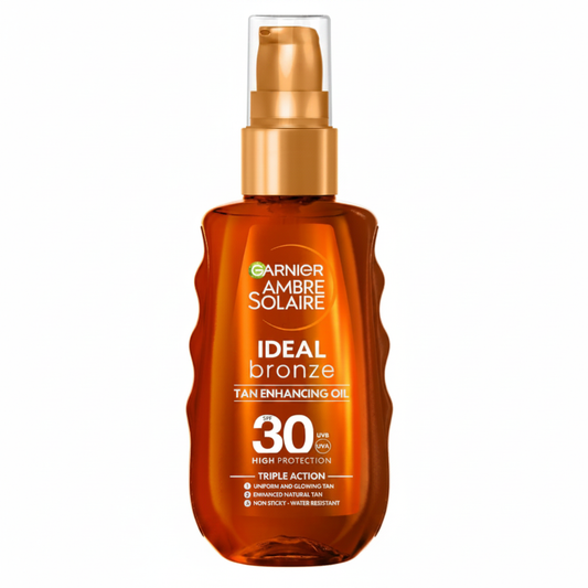 Garnier Ambre Solaire Ideal Bronze Tan Enhancing Oil SPF 30 su sfondo bianco