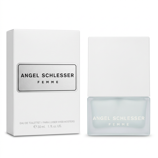 Angel Schlesser Femme, flacone rettangolare bianco con confezione coordinata su sfondo bianco
