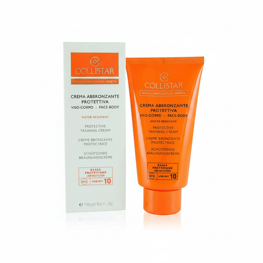Collistar Crema Abbronzante Protettiva Viso-Corpo SPF 10 Bassa Protezione 150ml con tubo e confezione su sfondo bianco