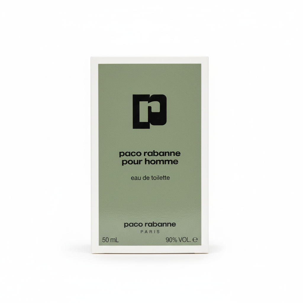 Paco Rabanne Pour Homme EDT – confezione verde salvia con logo PR nero su sfondo bianco
