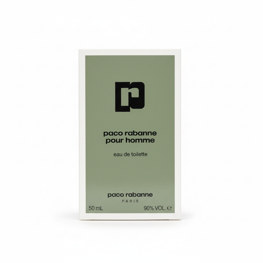 Paco Rabanne Pour Homme EDT – confezione verde salvia con logo PR nero su sfondo bianco