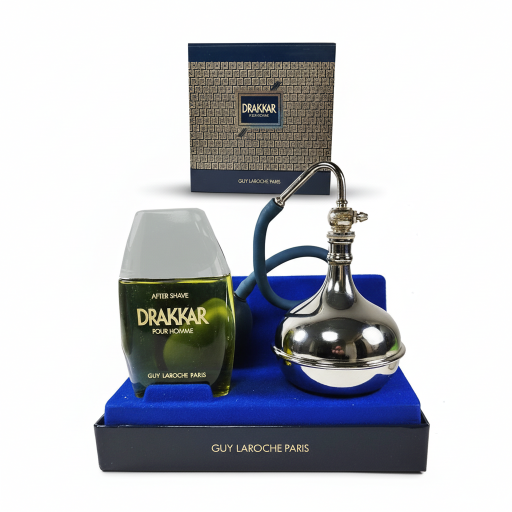 Guy Laroche Drakkar Pour Homme Coffret Vintage – After Shave e atomizzatore a bulbo su vassoio in velluto blu