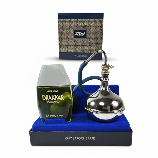 Guy Laroche Drakkar Pour Homme Coffret Vintage – After Shave e atomizzatore a bulbo su vassoio in velluto blu