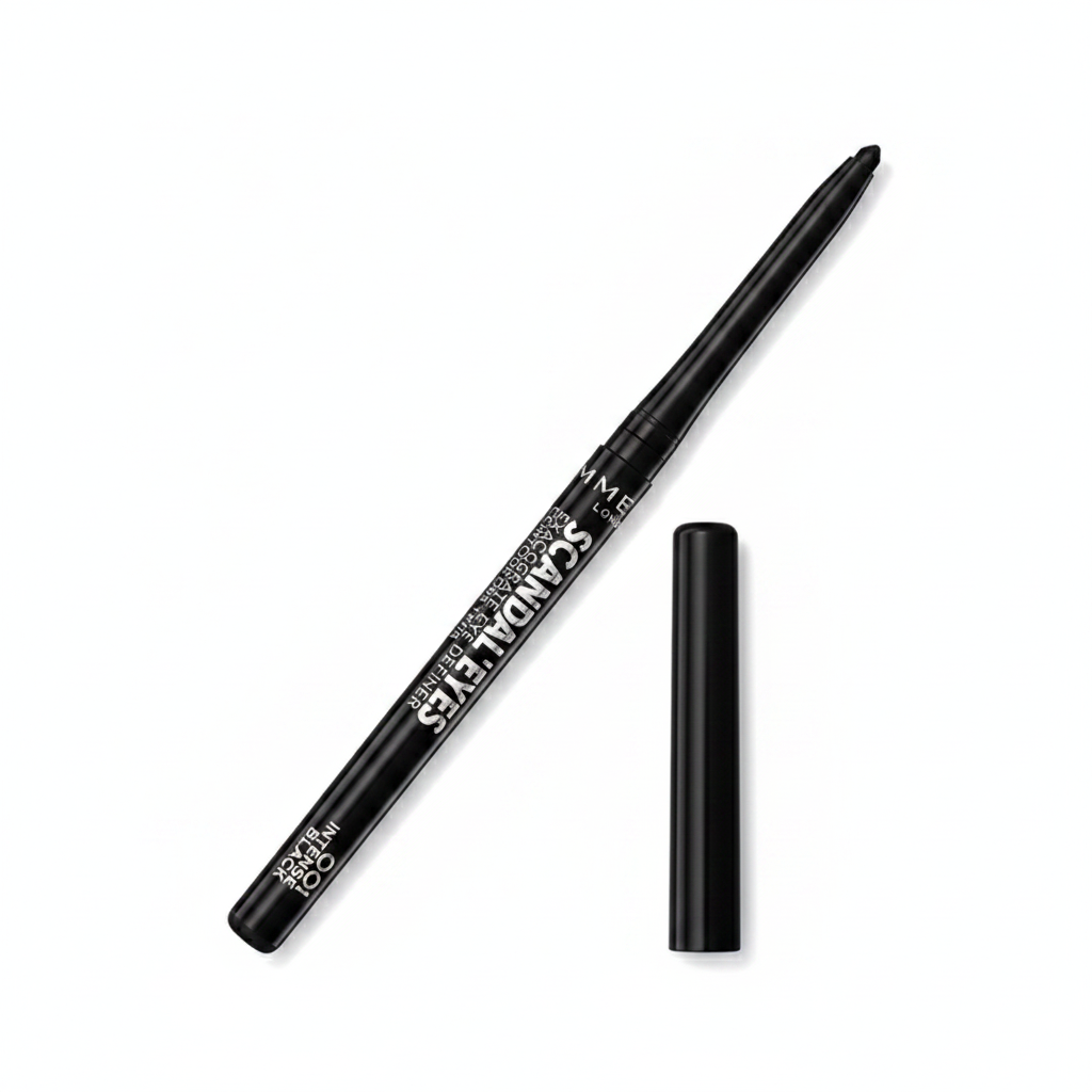 Rimmel Scandal Eyes Exaggerate Eye Definer 001 Intense Black su sfondo bianco