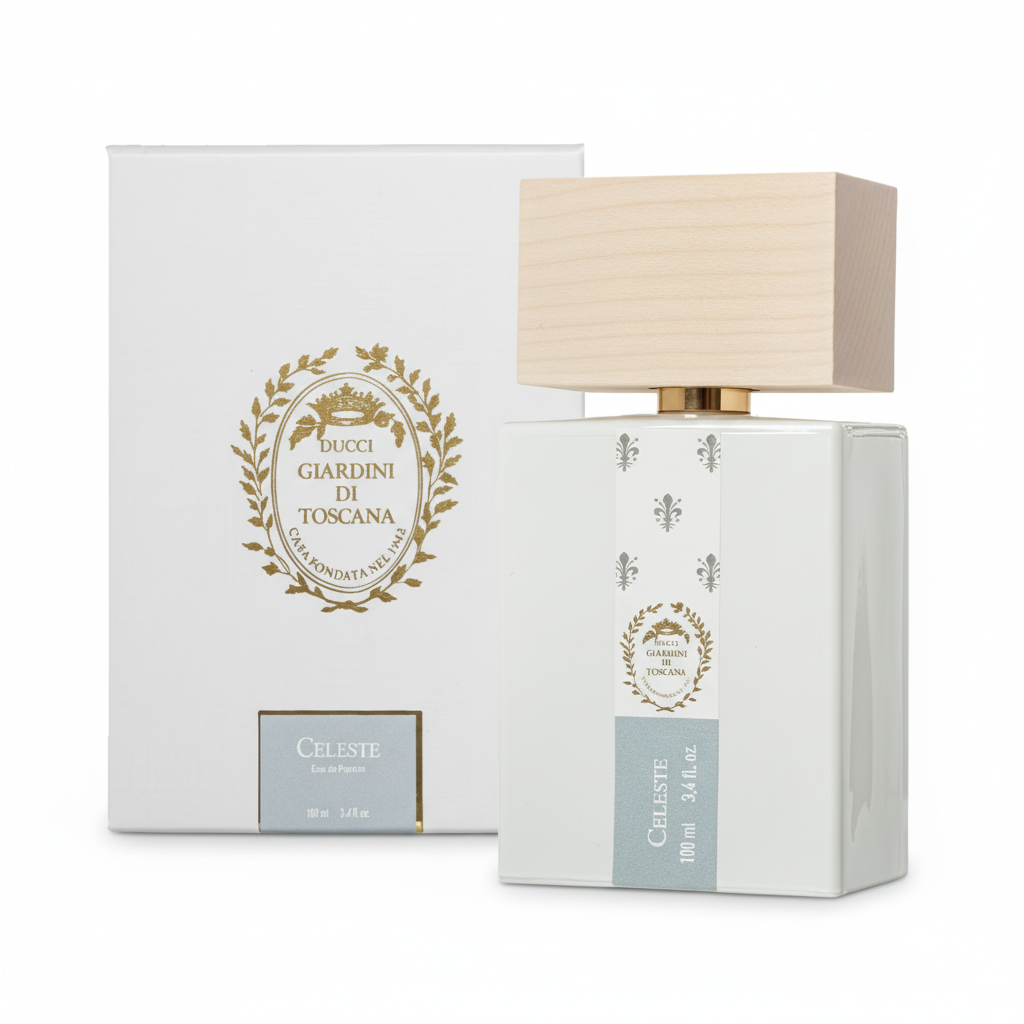Ducci Giardini di Toscana Celeste EDP 100ml – flacone bianco con gigli argentati, tappo in legno e confezione bianca con stemma dorato