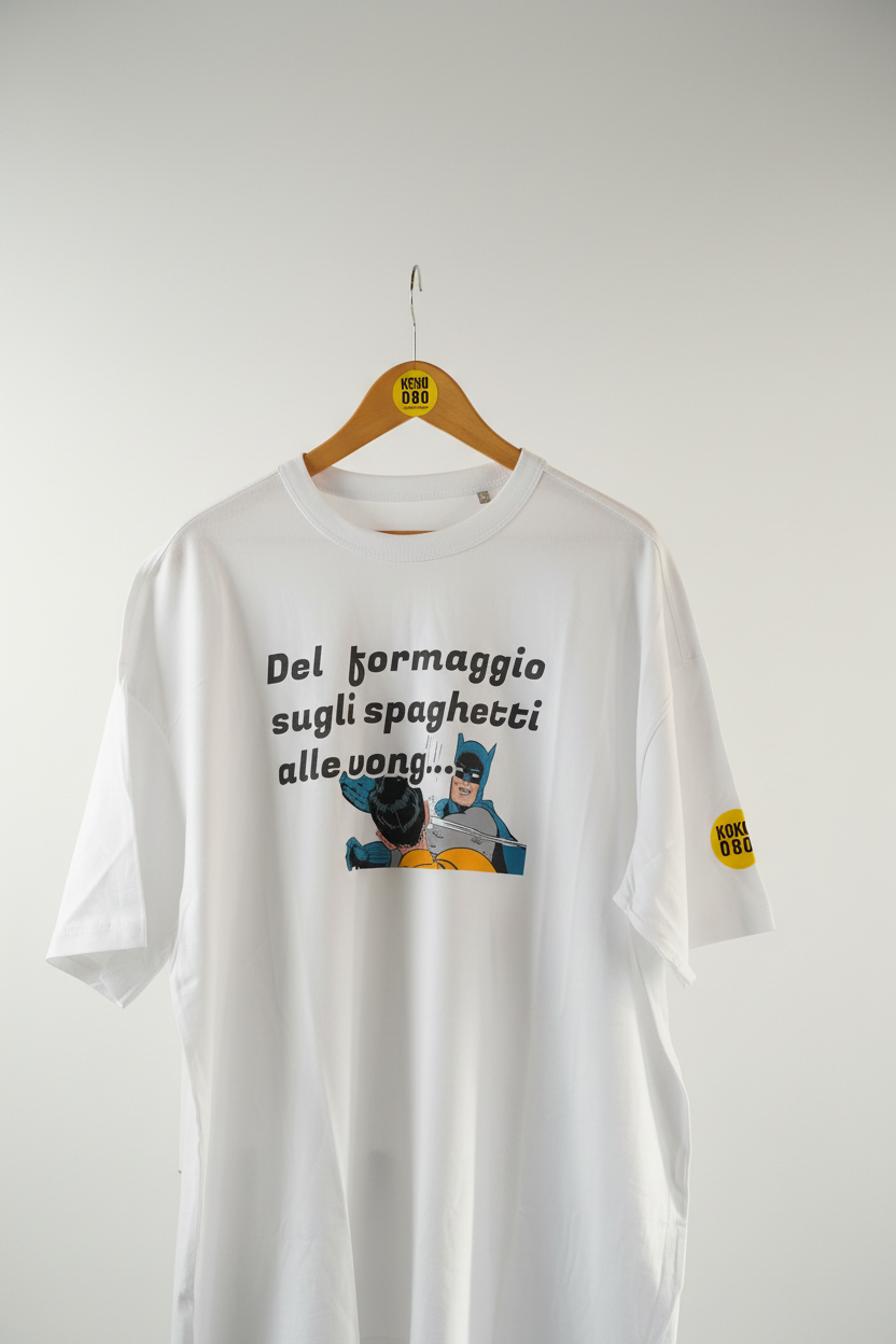KOKOBO T-Shirt Del formaggio sugli spaghetti alle vong su sfondo bianco